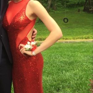 Red sequined prom dress